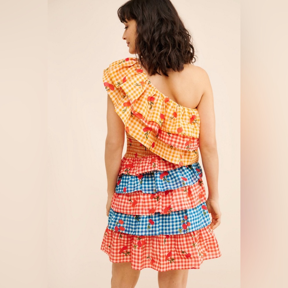 Anthropologie Farm Rio one shoulder cherry mini Colorful tiered Ruffle Dress - Picture 4 of 8